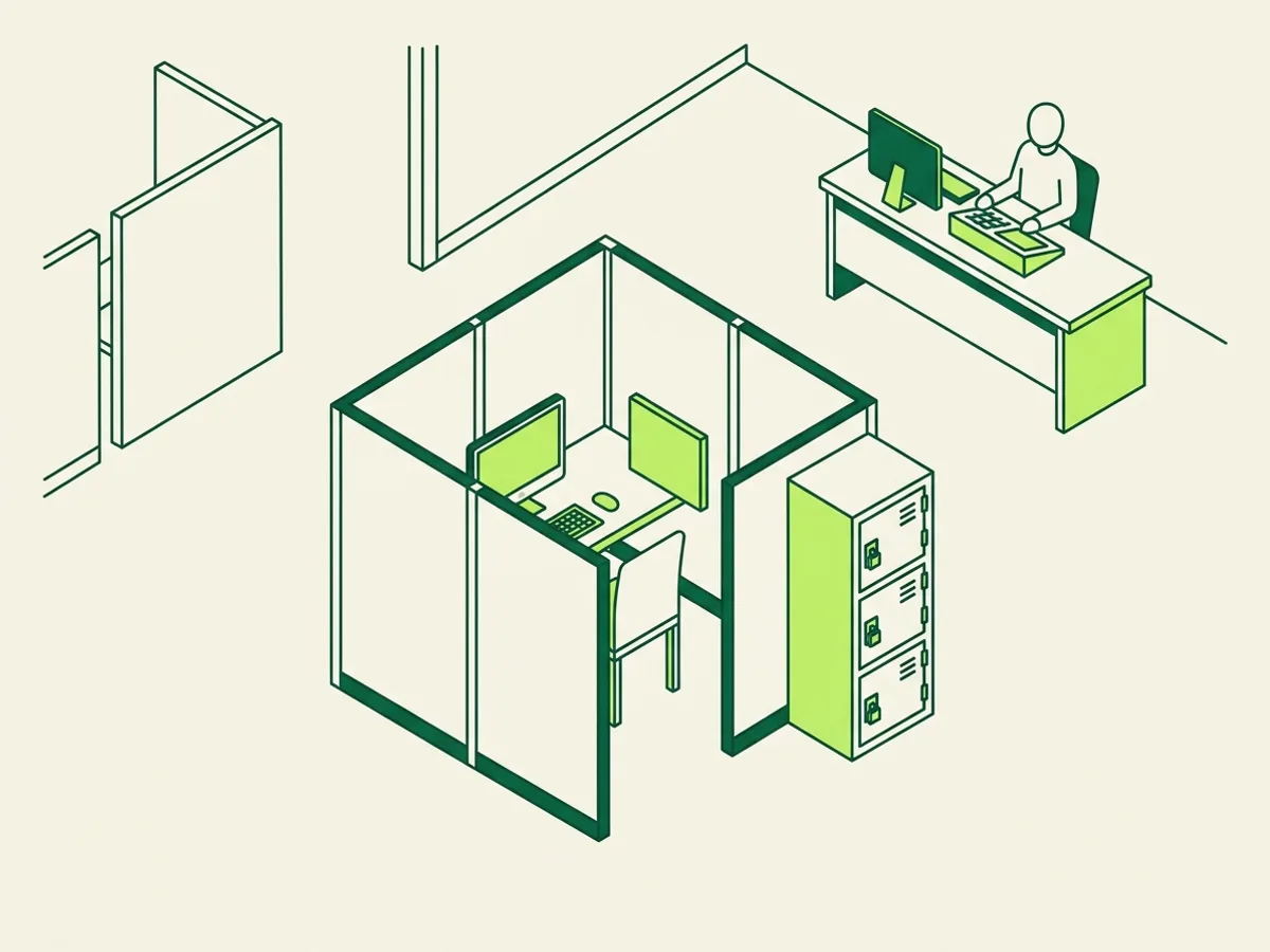 A partitioned computer testing carrel with a personal-belongings locker beside it and a proctor's desk overseeing the room from a distance, illustrating a closed-book, monitored certification testing center.