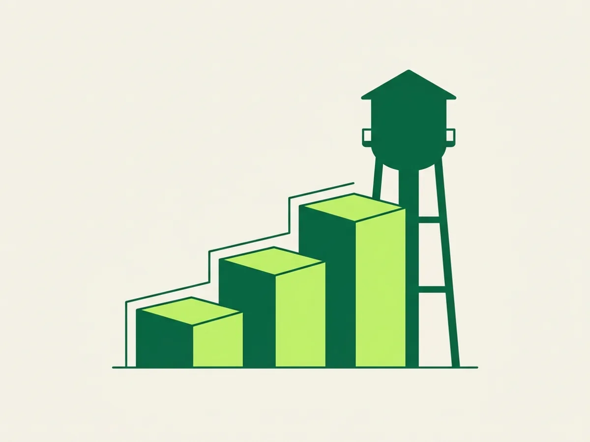 A three-step upward bar chart beside a water tower silhouette, illustrating a stable, climbable utility-operator pay path.