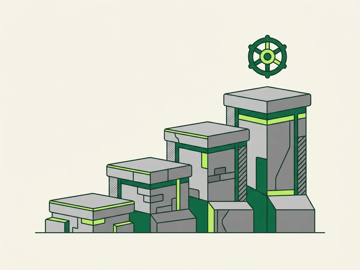 Four ascending platform steps of increasing height and sturdiness, with a valve-wheel icon above the top step, illustrating an operator certificate class ladder climbing from entry level to the highest grade.