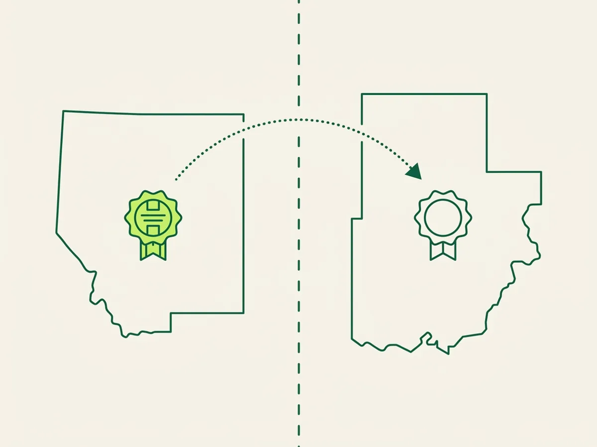 Two generic state-shaped outlines split by a dashed border, with a dotted arrow arcing from a filled certificate badge on the left to a matching but unfilled badge outline on the right, illustrating a certification not automatically transferring across a state line.