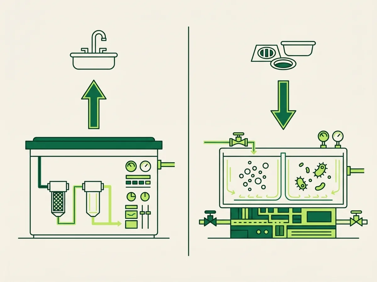 A split scene: a water treatment tank with an upward arrow toward a faucet on the left, and a wastewater aeration basin with a downward arrow from a drain on the right, illustrating the two paired sides of water and wastewater operator disciplines.